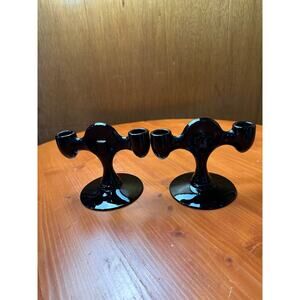 Vintage Black "Onyx" Glass Art Deco Candle Holders - Set of two
